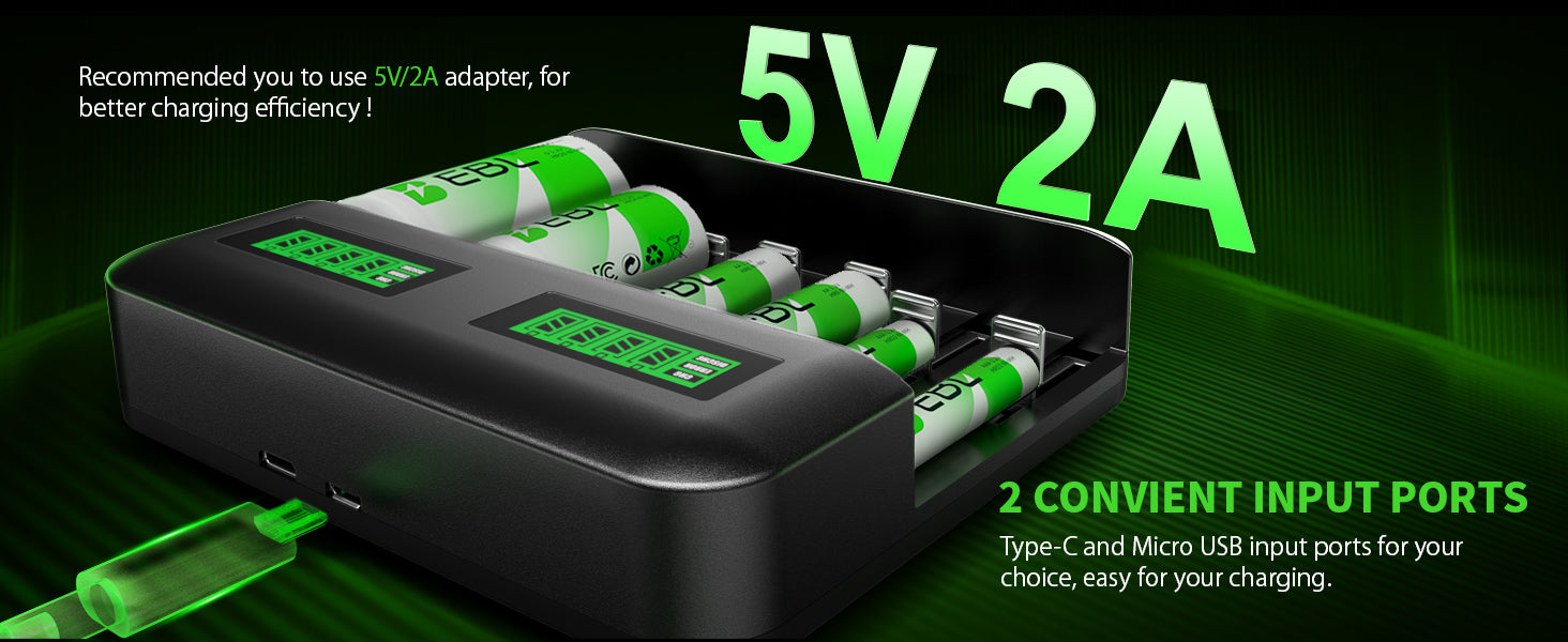 Black ebl battery charger with green text on a dark background