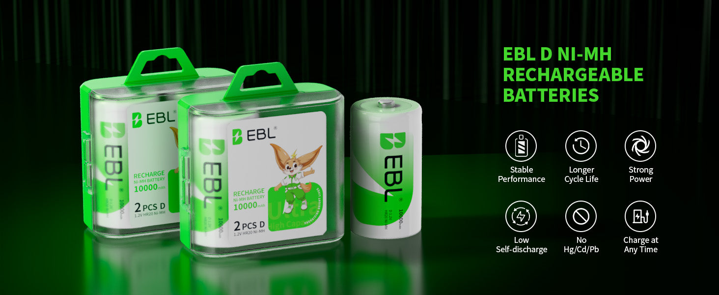 EBL rechargeable batteries packaging with green and white design on a dark background