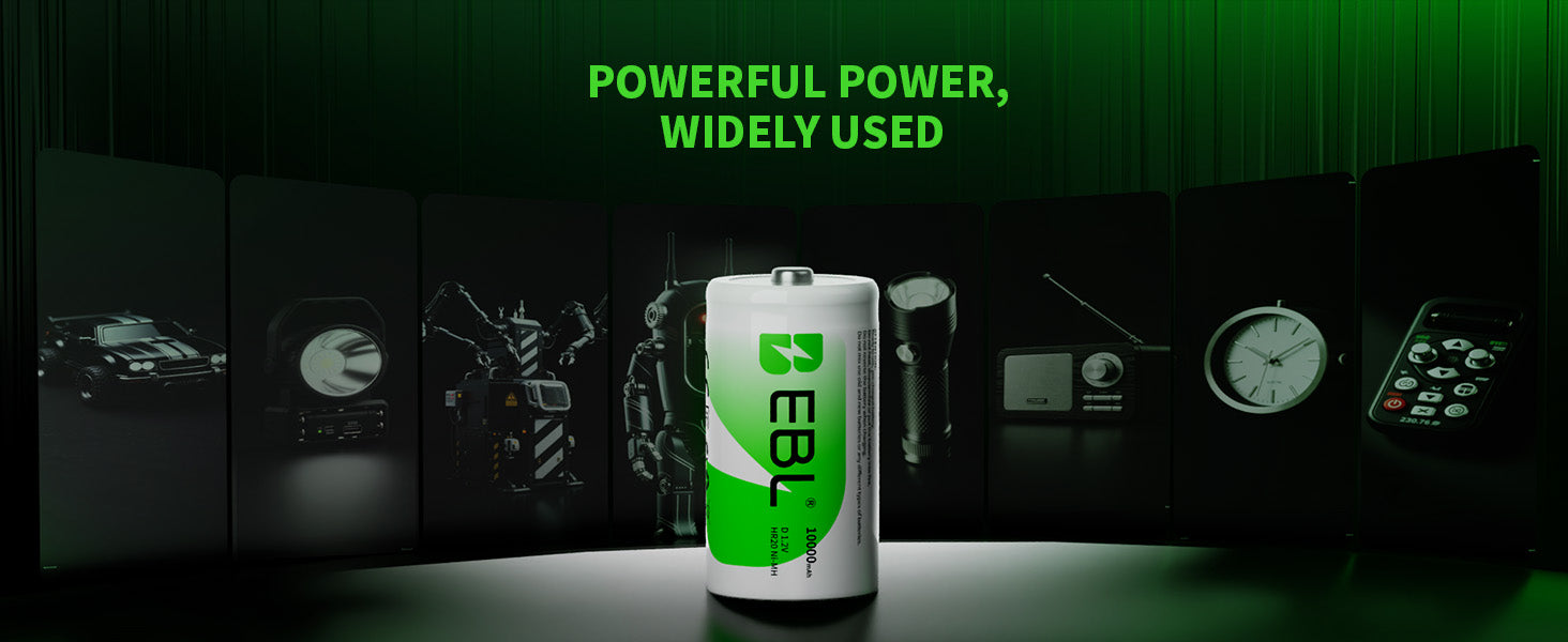 EBL d battery with green text on a dark background
