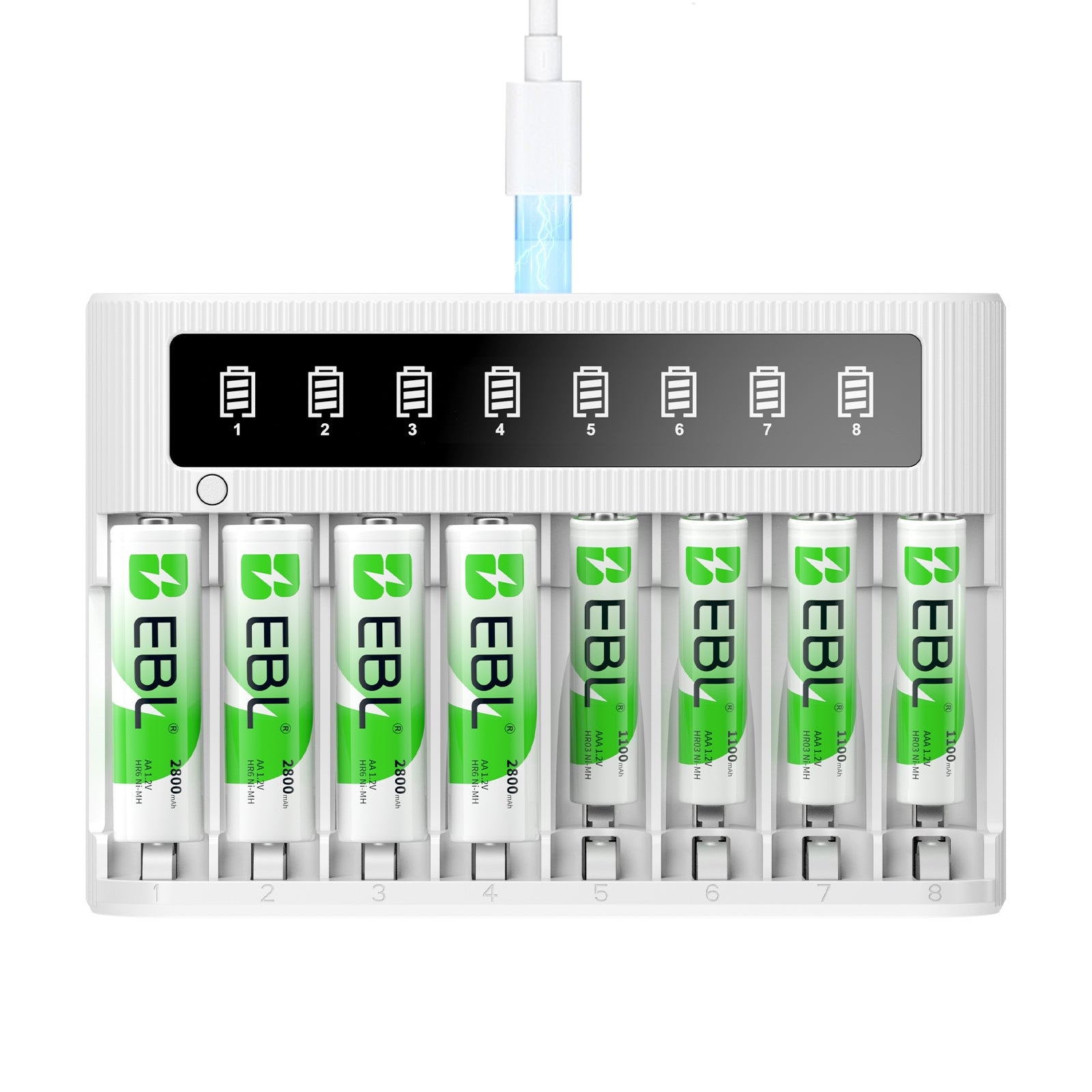 EBL NiMH Rechargeable AA/AAA Battery Bundle – 1100mAh AAA, 2800mAh AA + 8-Slot Charger, 3-Year Warranty
