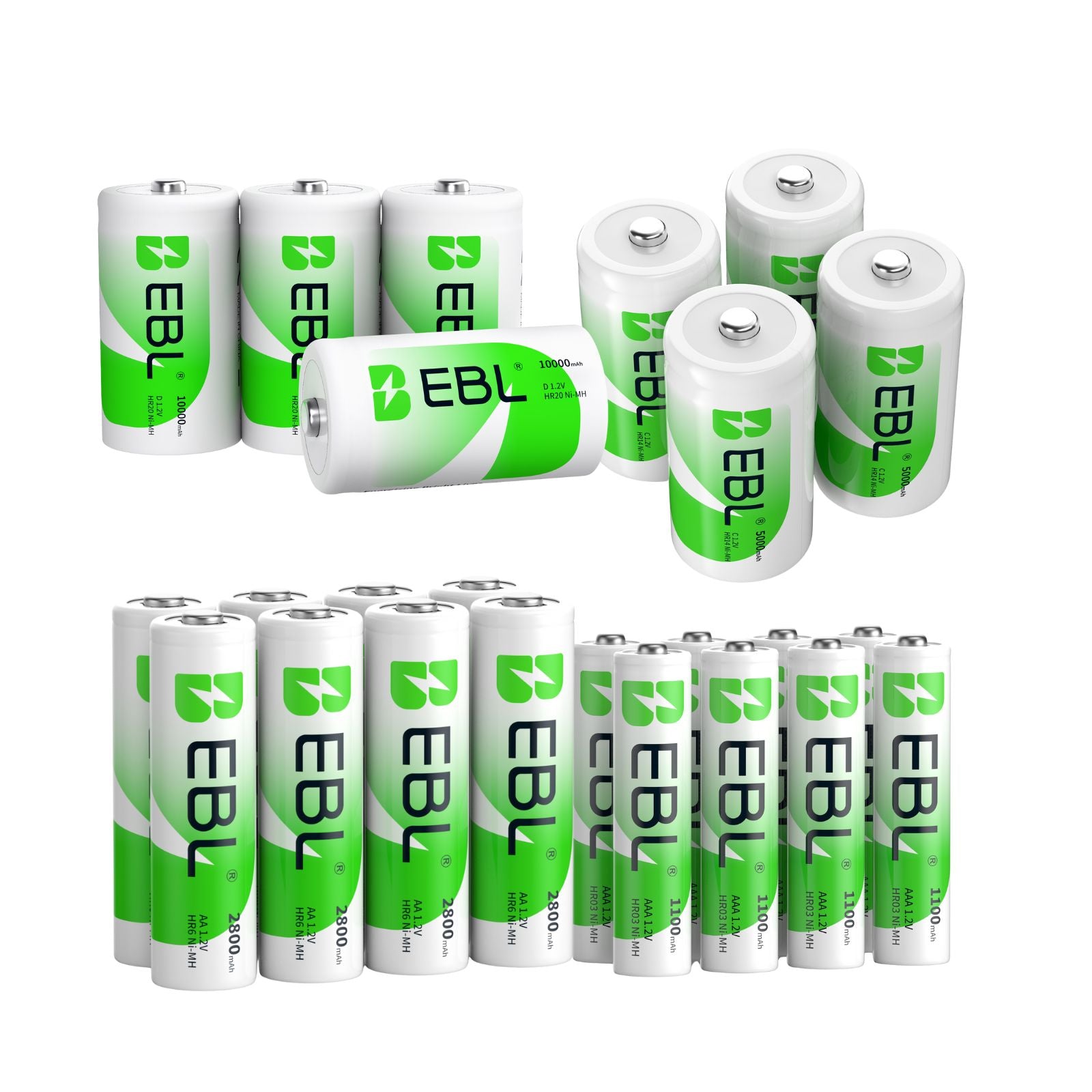 EBL Rechargeable AA AAA C D 9V Rechargeable Batteries Combo 8AA (2800mAh) + 8AAA (1100mAh)+4C(5000mAh) + 6D(10000mAh) +2 x 9V Li-ion Batteries
