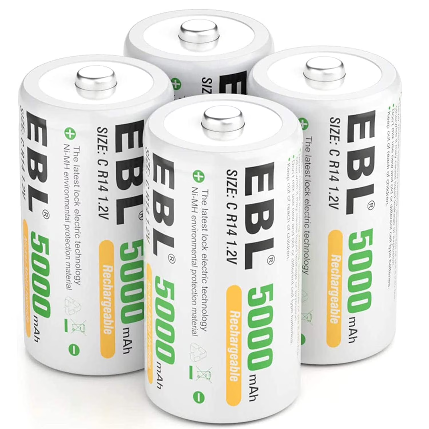 Pilas recargables EBL C de alta energía 5000 mAh listas para usar, paquete de 4 unidades