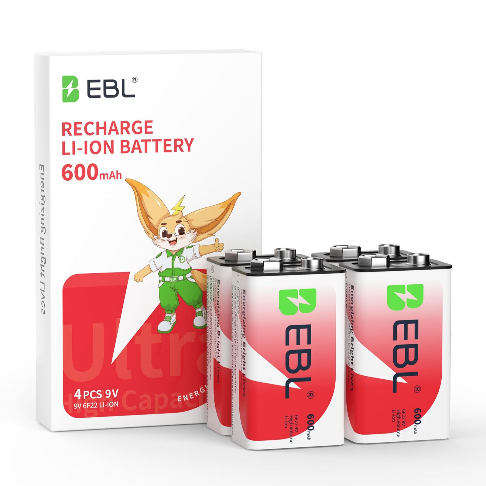 EBL rechargeable lithium-ion battery packaging with cartoon character on a white background