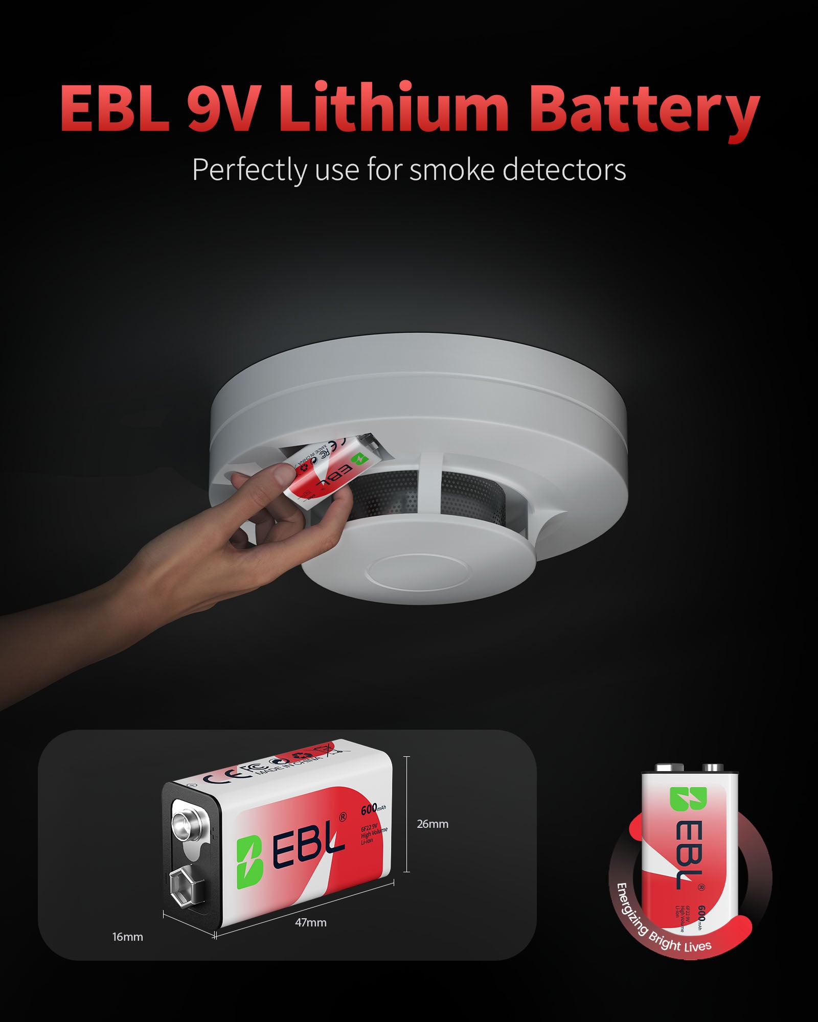Hand inserting an EBL 9V lithium battery into a smoke detector with product packaging displayed.