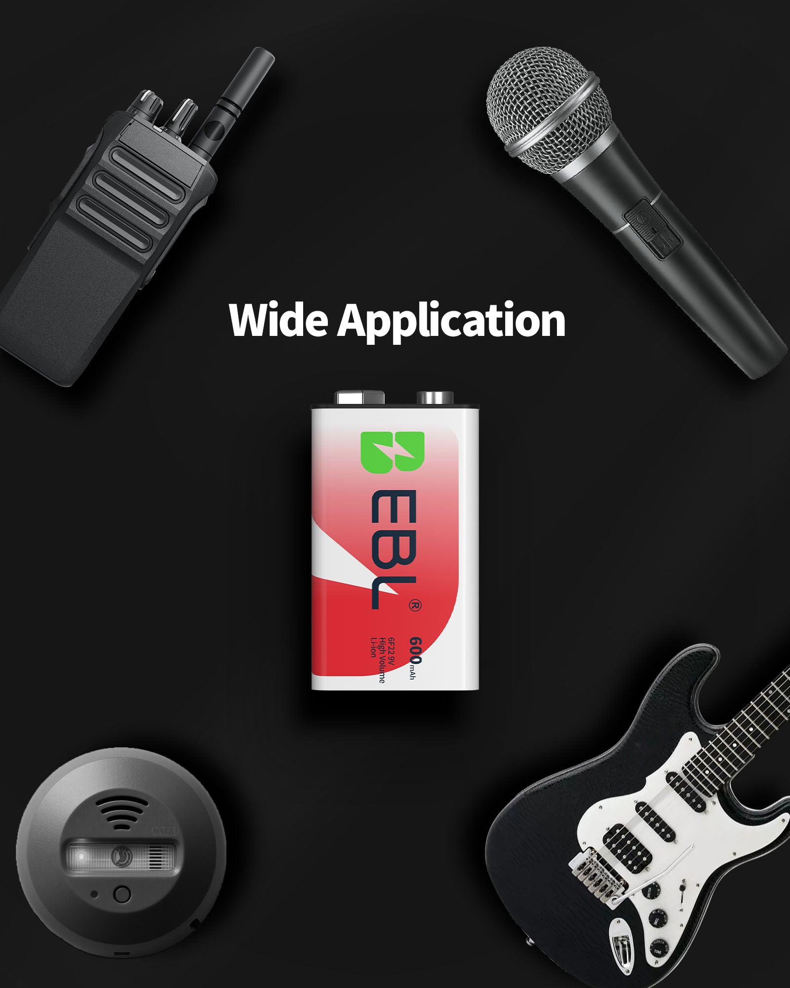 EBL battery with a microphone, walkie-talkie, and guitar on a black background