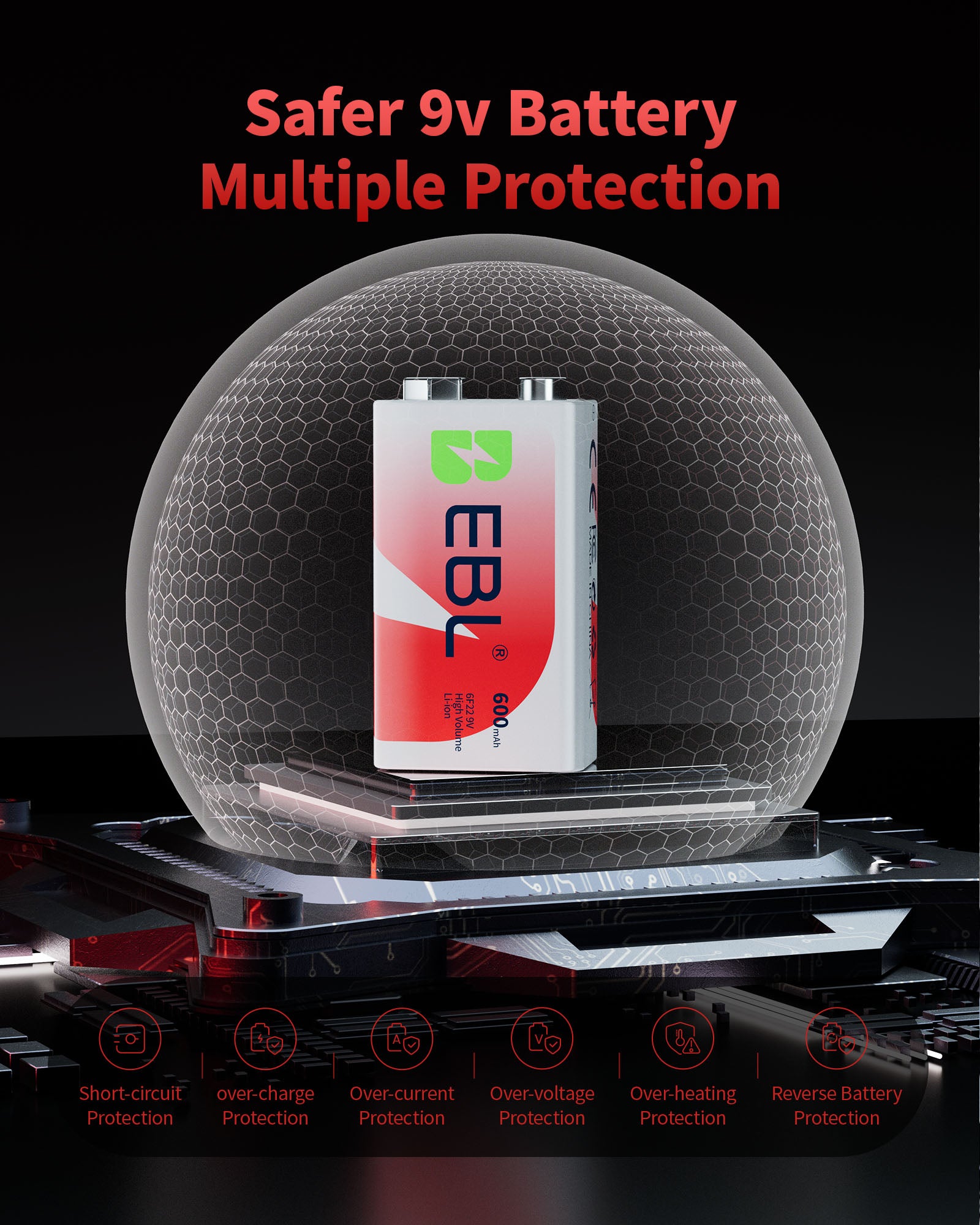 9v battery with multiple protection features on a dark background
