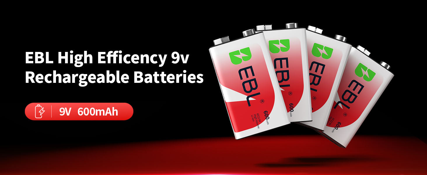EBL high efficiency 9v rechargeable batteries on a black background