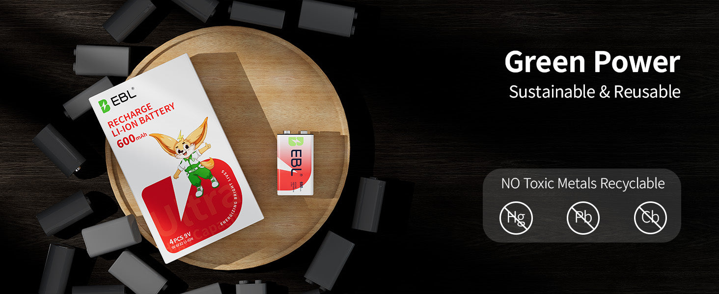 EBC rechargeable battery packaging on a wooden board with 'Green Power' text and recycling information.