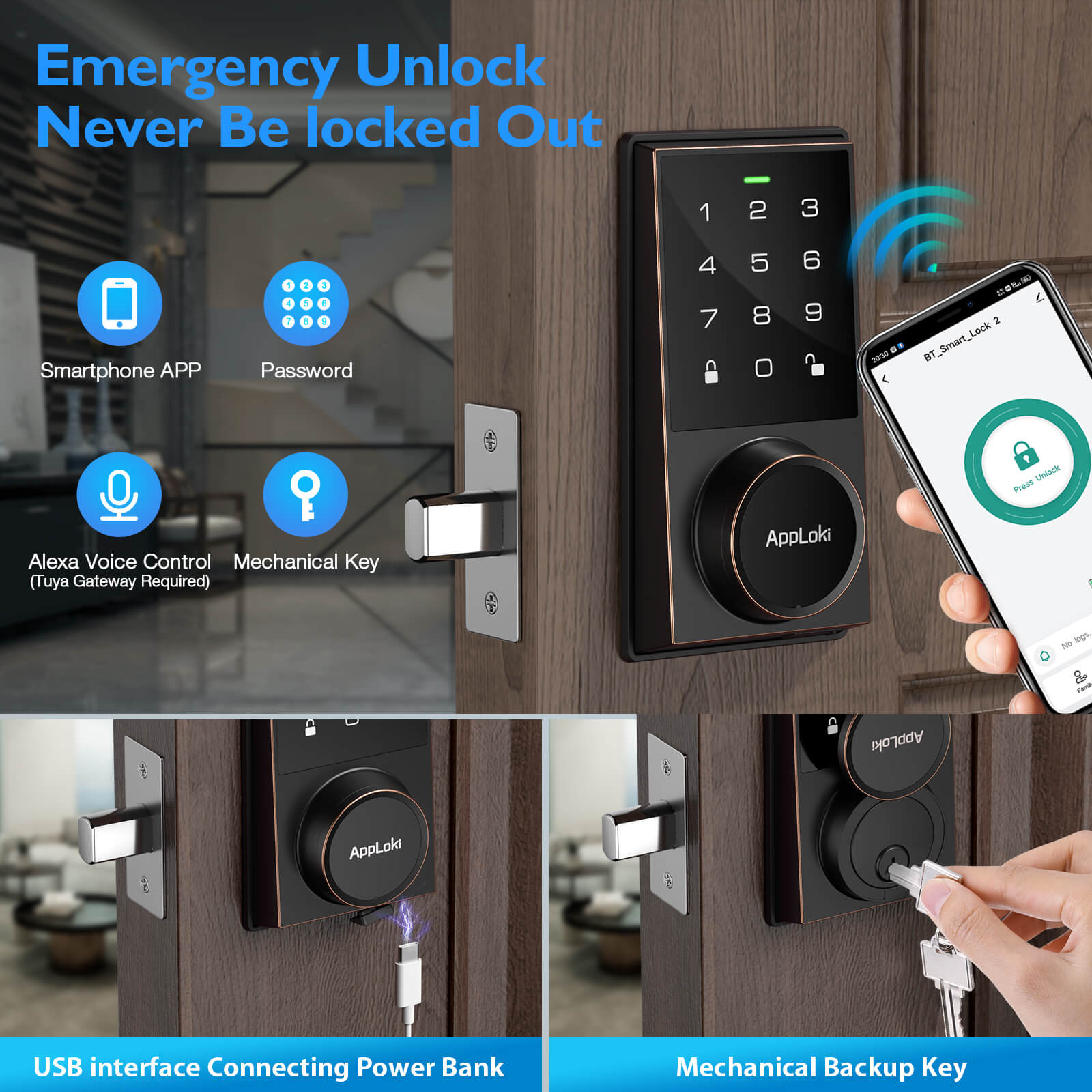 Smart door lock with smartphone app, password, Alexa voice control, mechanical key, and USB interface on a wooden door.
