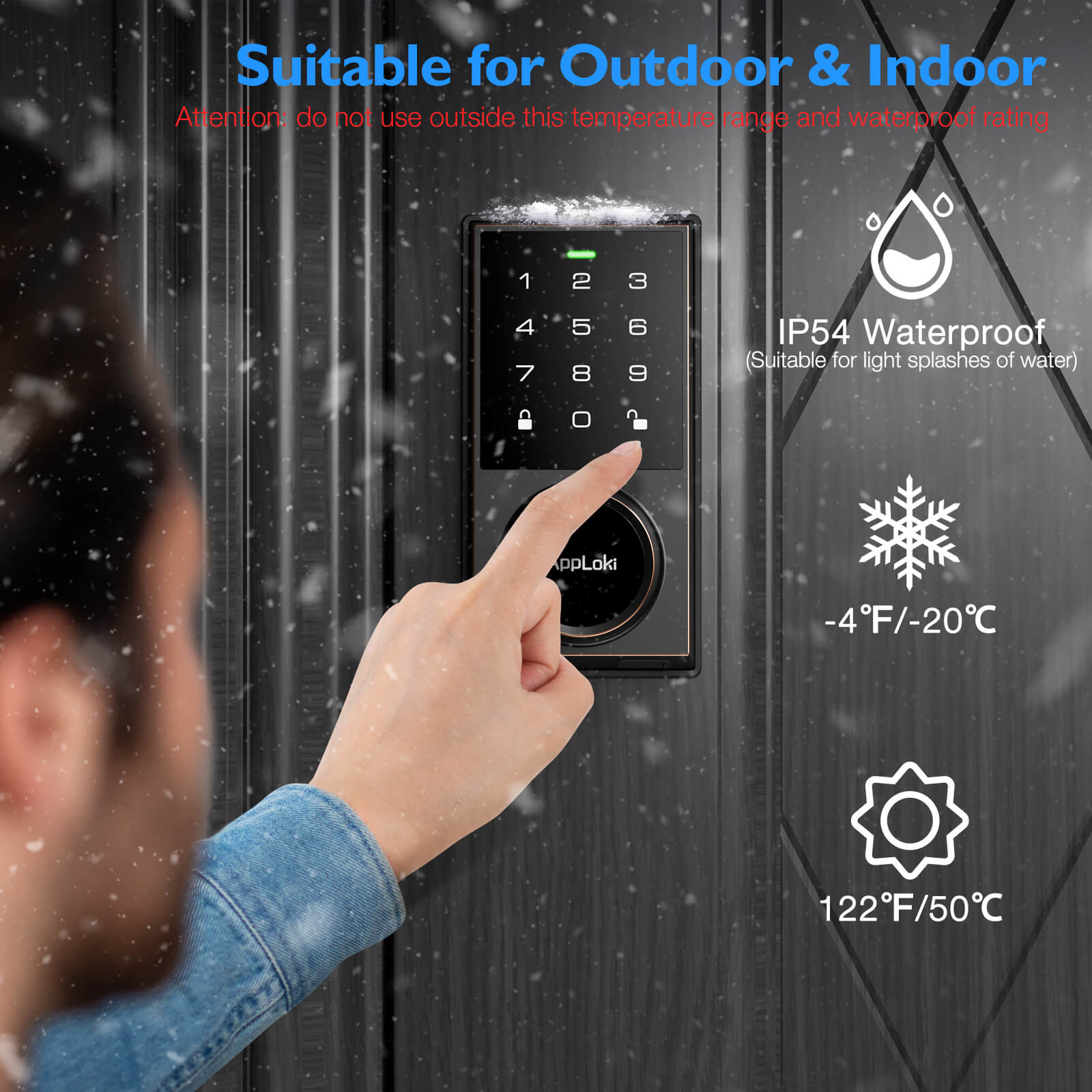 Digital door lock being used with text indicating suitability for outdoor and indoor use, waterproof rating, temperature range, and sun icon.