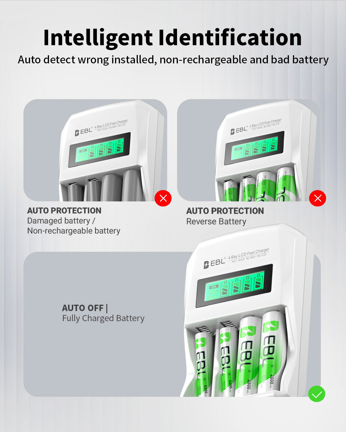 EBL Cargador de batería individual inteligente para baterías recargables AA AAA Ni-MH Ni-CD
