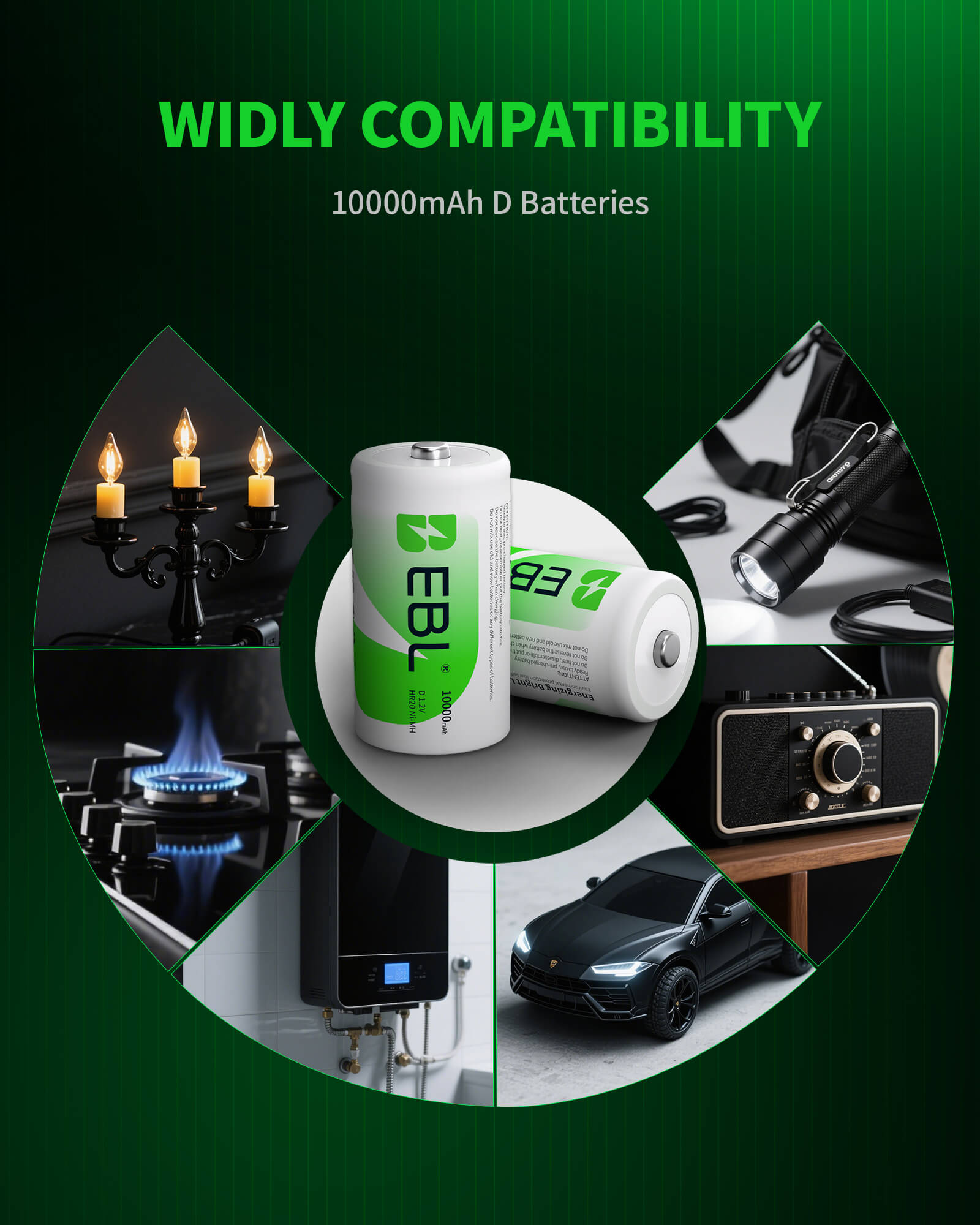 EBL 10000mAh D batteries with various compatible devices on a green background