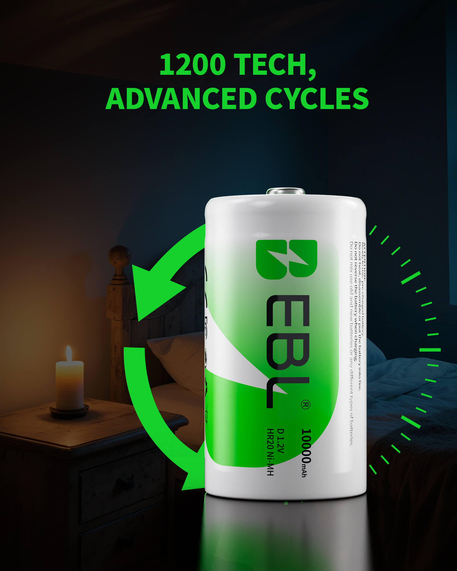 EBL d battery with '1200 Tech, Advanced Cycles' text in a bedroom setting