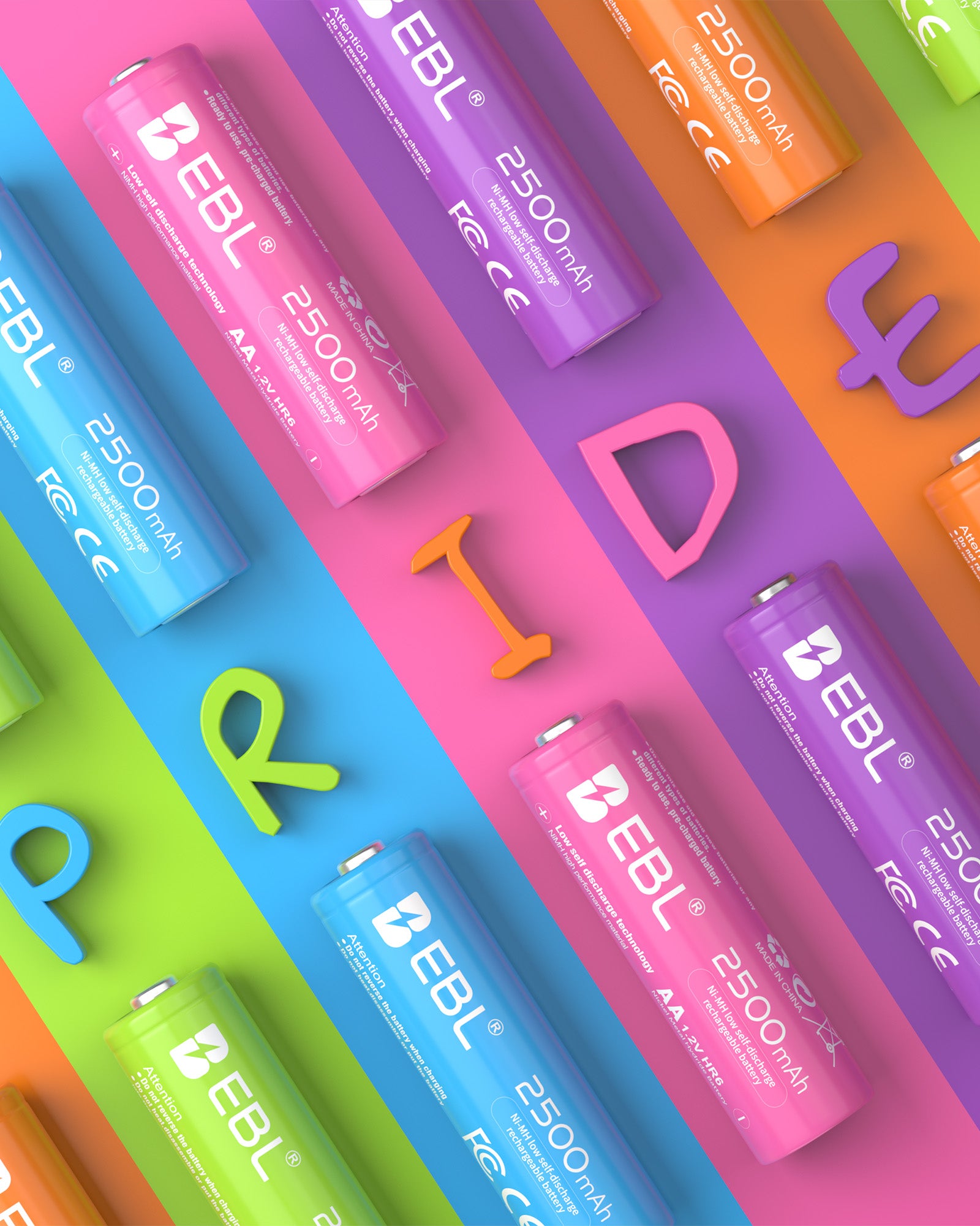 EBL 10Pcs Rainbow Colorful AA Batteries 1.2V 2500mAh