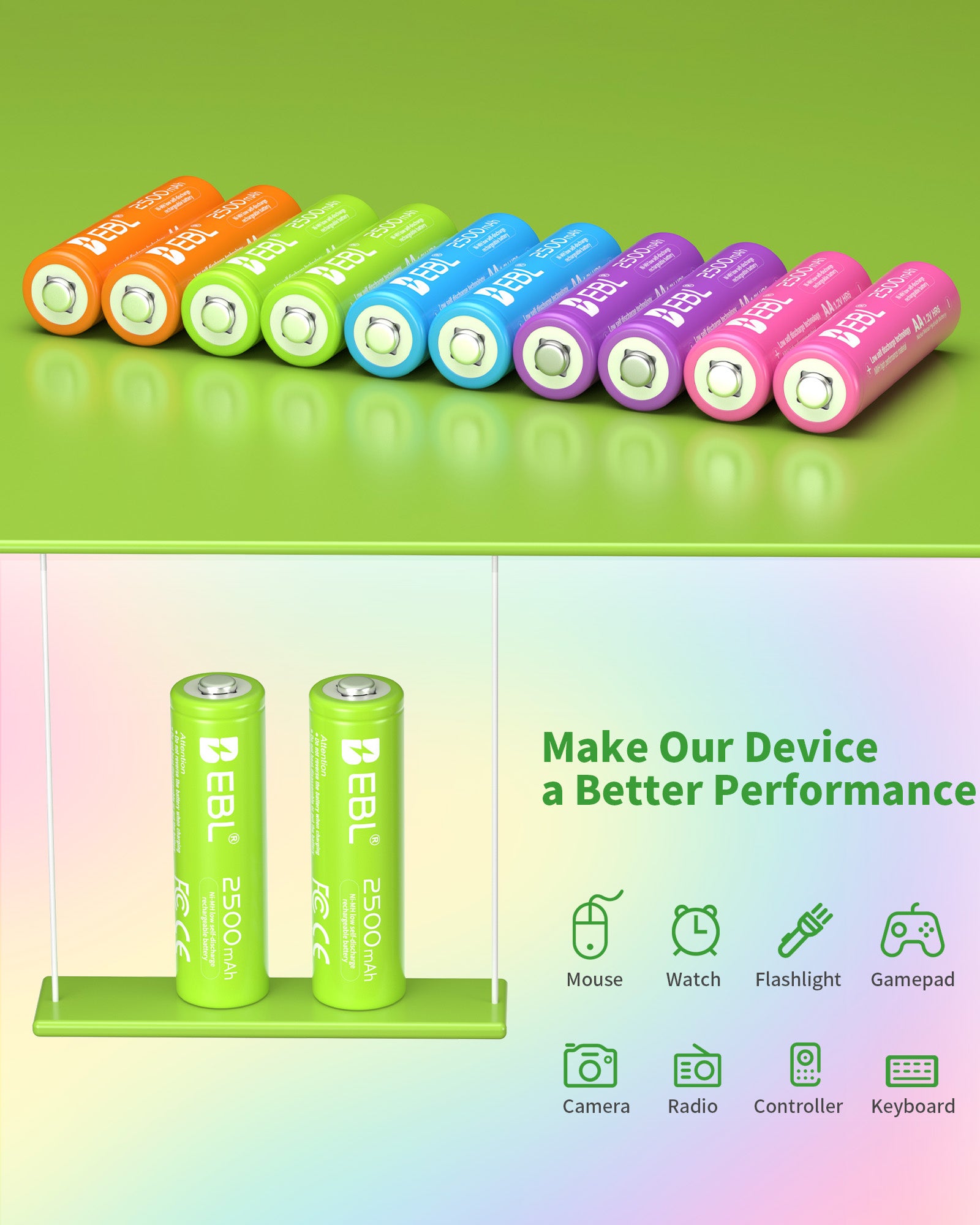 EBL 10Pcs Rainbow Colorful AA Batteries 1.2V 2500mAh