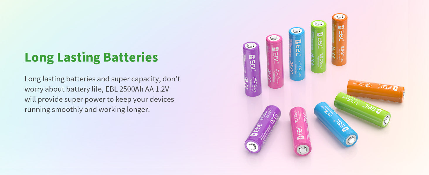 EBL 10Pcs Rainbow Colorful AA Batteries 1.2V 2500mAh
