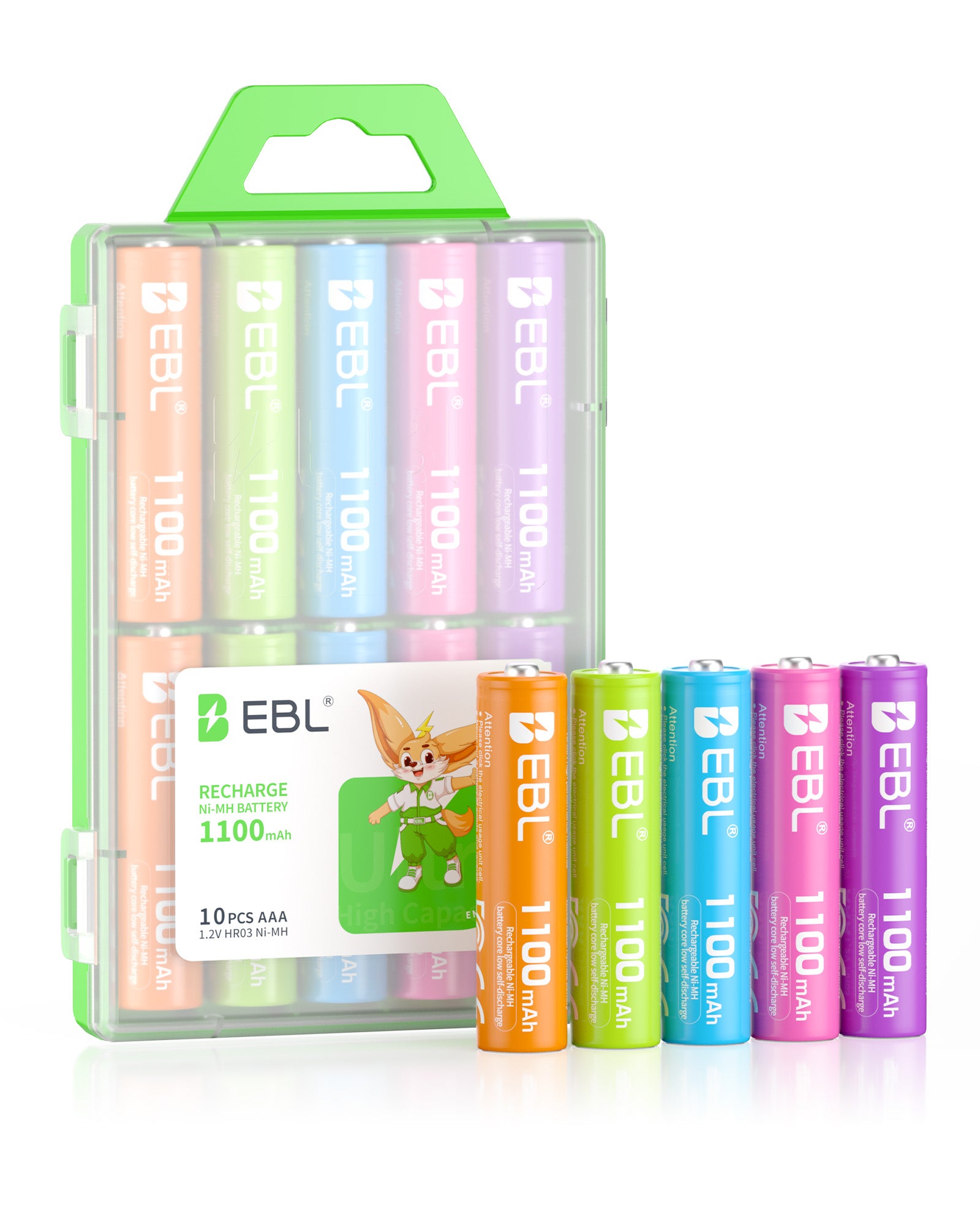 EBL 10Pcs Rainbow AAA Rechargeable Batteries 1.2V 1100mAh