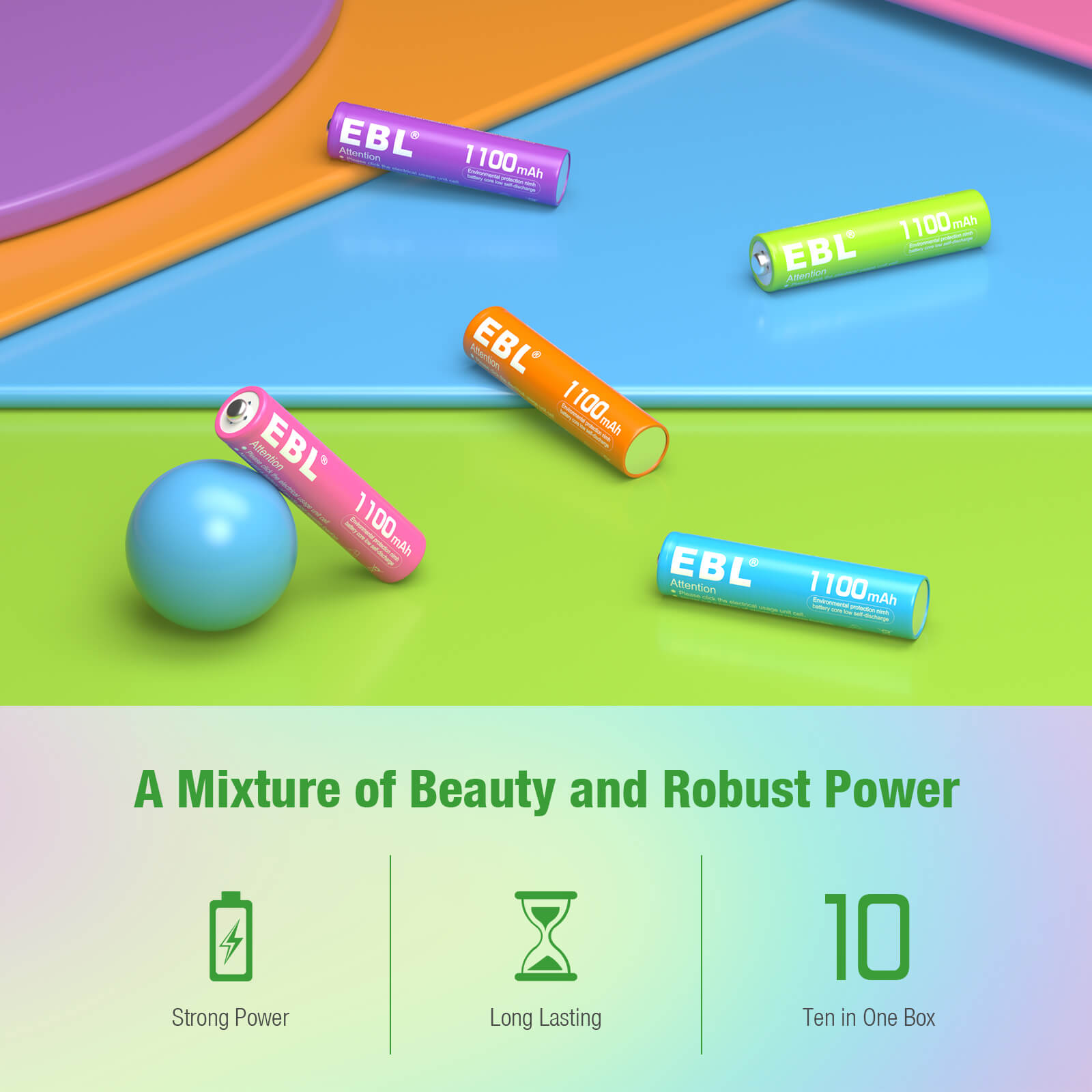 EBL 10Pcs Rainbow AAA Rechargeable Batteries 1.2V 1100mAh