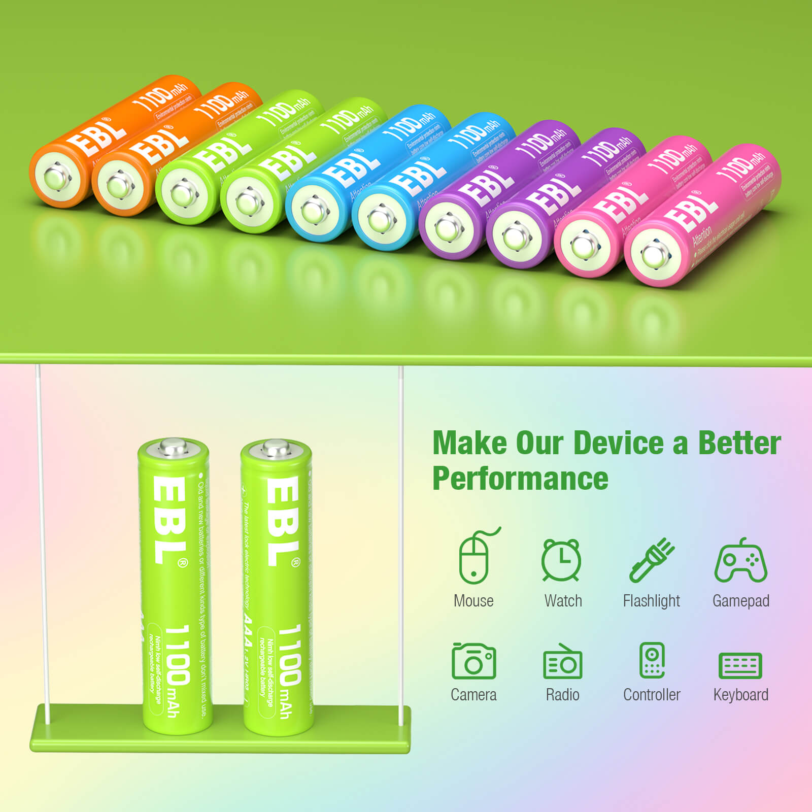 EBL 10Pcs Rainbow AAA Rechargeable Batteries 1.2V 1100mAh