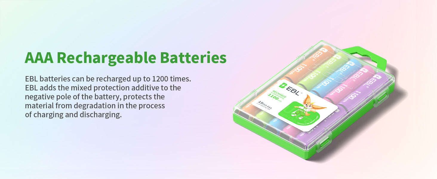 EBL 10Pcs Rainbow AAA Rechargeable Batteries 1.2V 1100mAh