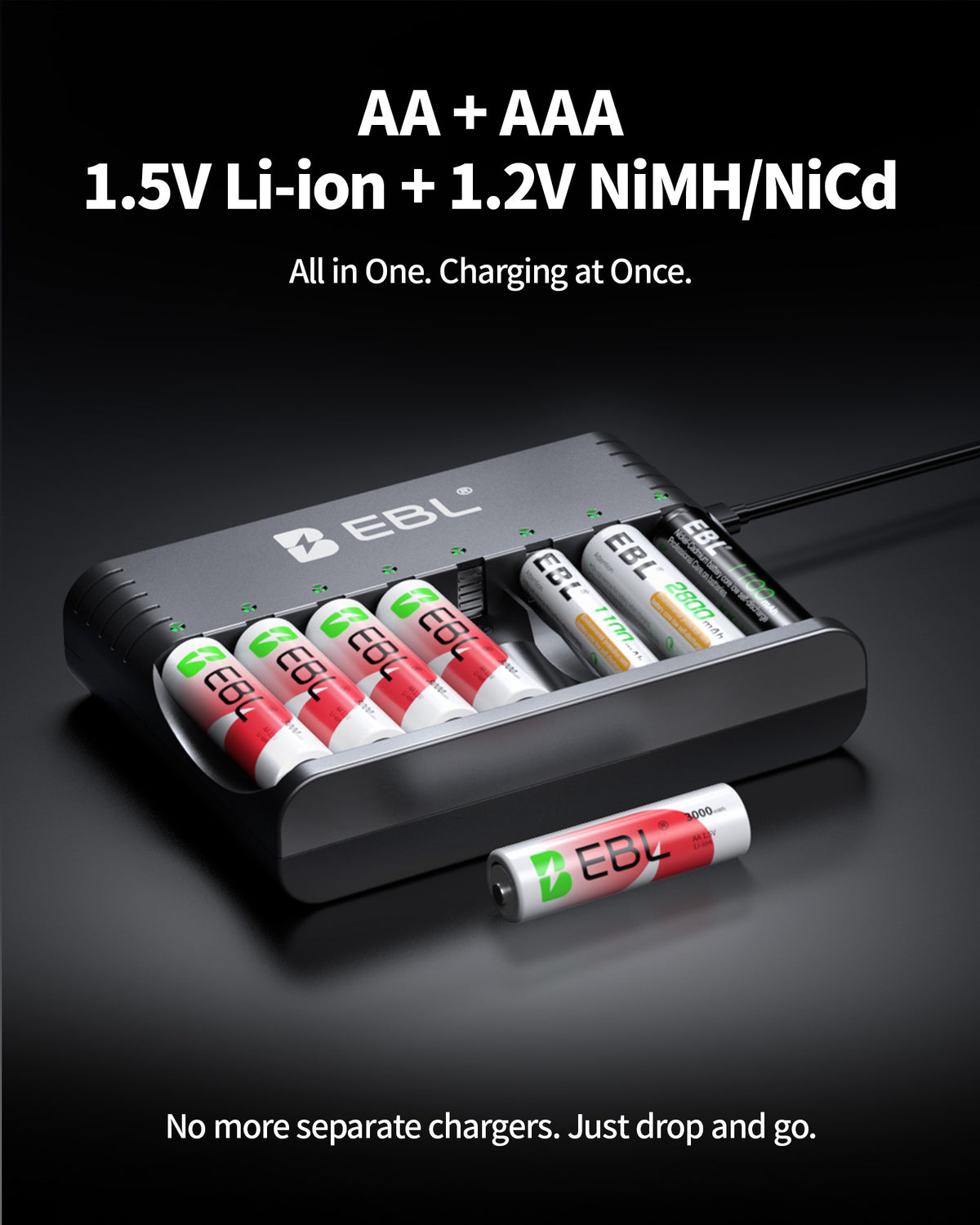 EBL 5-in-1 Smart 8 Slot Charging Bay Battery Charger for AA AAA Rechargeable Batteries, Type-C Input, Works with 1.2V Ni-MH/Ni-CD & 1.5V Lithium Rechargeable Batteries