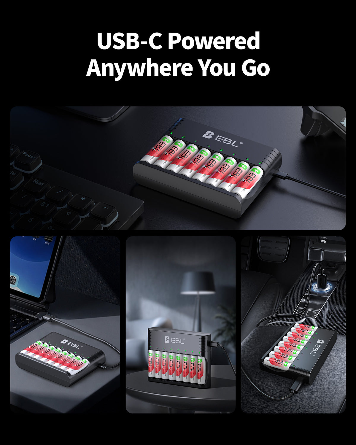 EBL 5-in-1 Smart 8 Slot Charging Bay Battery Charger for AA AAA Rechargeable Batteries, Type-C Input, Works with 1.2V Ni-MH/Ni-CD & 1.5V Lithium Rechargeable Batteries