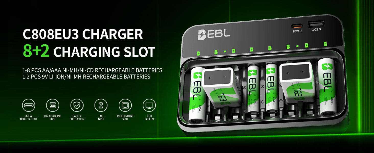 EBL AA AAA 9V Smart Battery Charger with Rechargeable Batteries