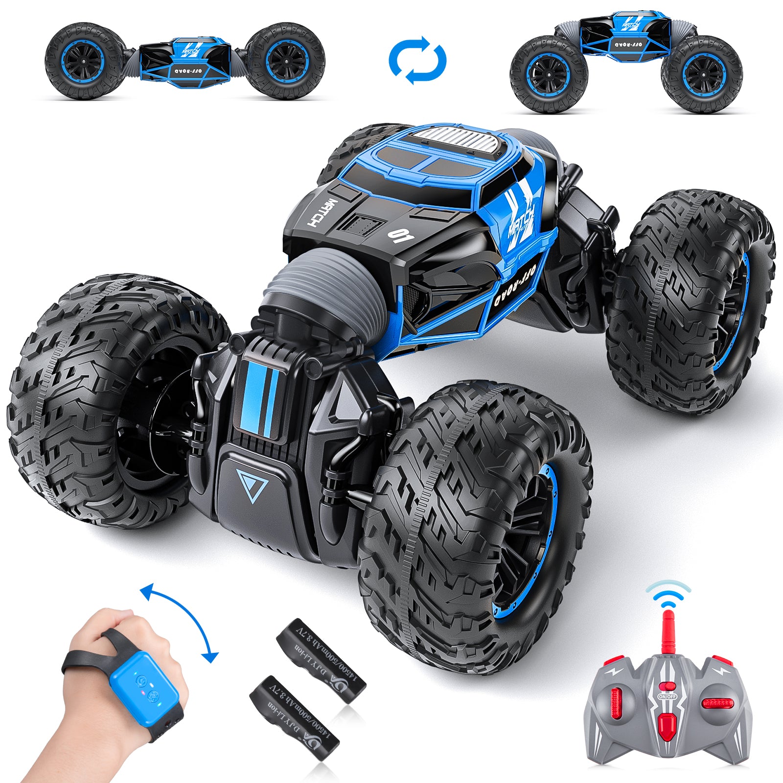Gesture Sensing 4WD RC Stunt Car for Kids 6–12 – Hand-Controlled Off-Road Drift & 360° Rotation Toy with Lights & Music (Blue)