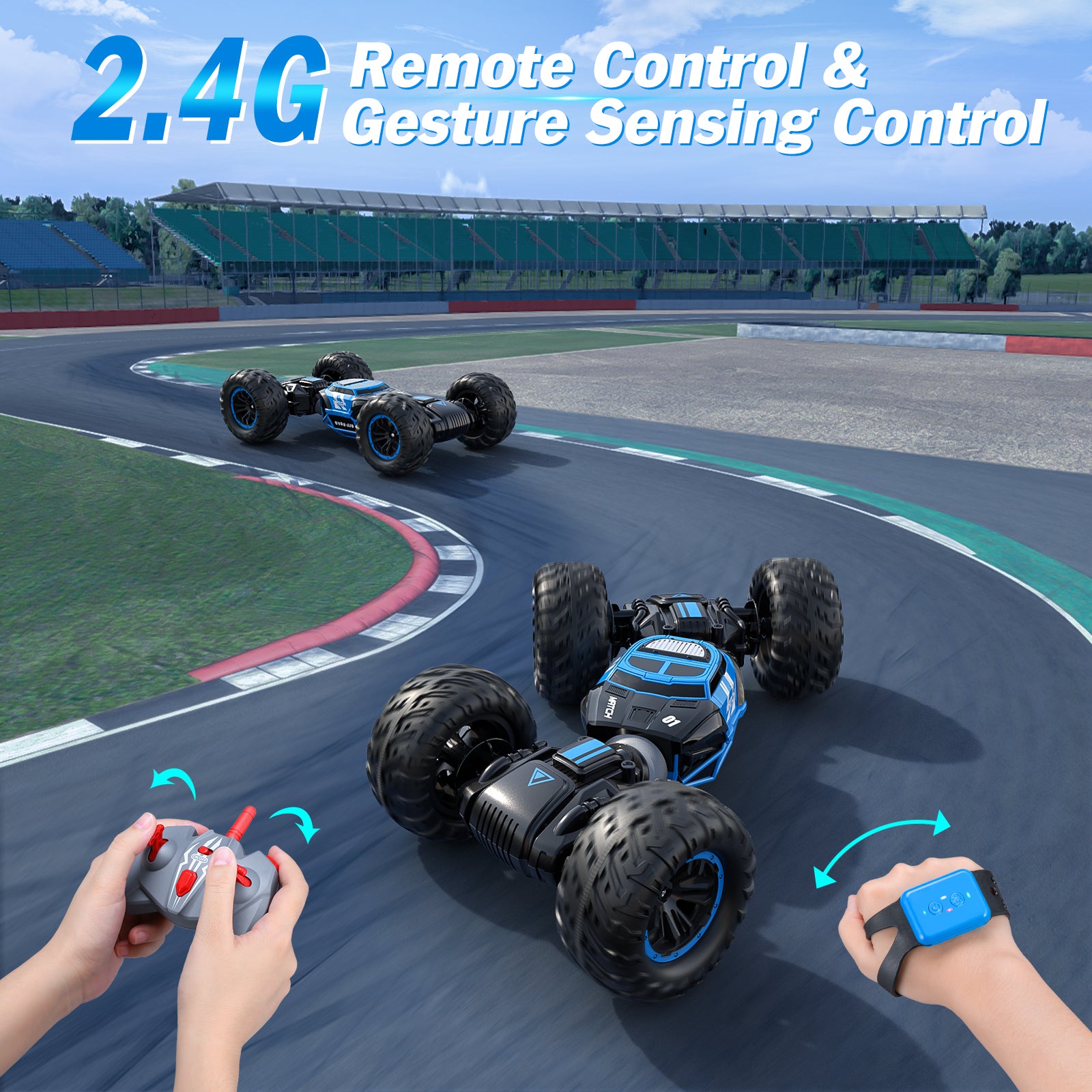 Gesture Sensing 4WD RC Stunt Car for Kids 6–12 – Hand-Controlled Off-Road Drift & 360° Rotation Toy with Lights & Music (Blue)