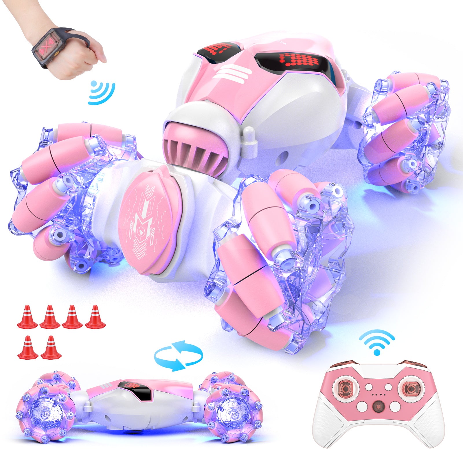 Gesture Control RC Stunt Car for Kids – 4WD Double-Sided Rotating Remote Control Car with Lights & Music (Pink)