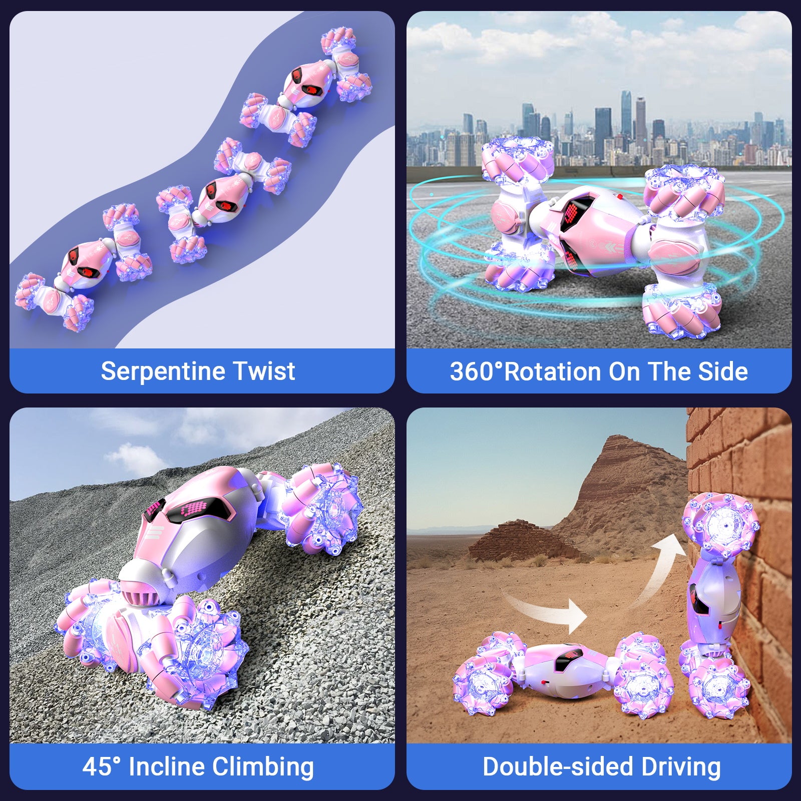 Gesture Control RC Stunt Car for Kids – 4WD Double-Sided Rotating Remote Control Car with Lights & Music (Pink)