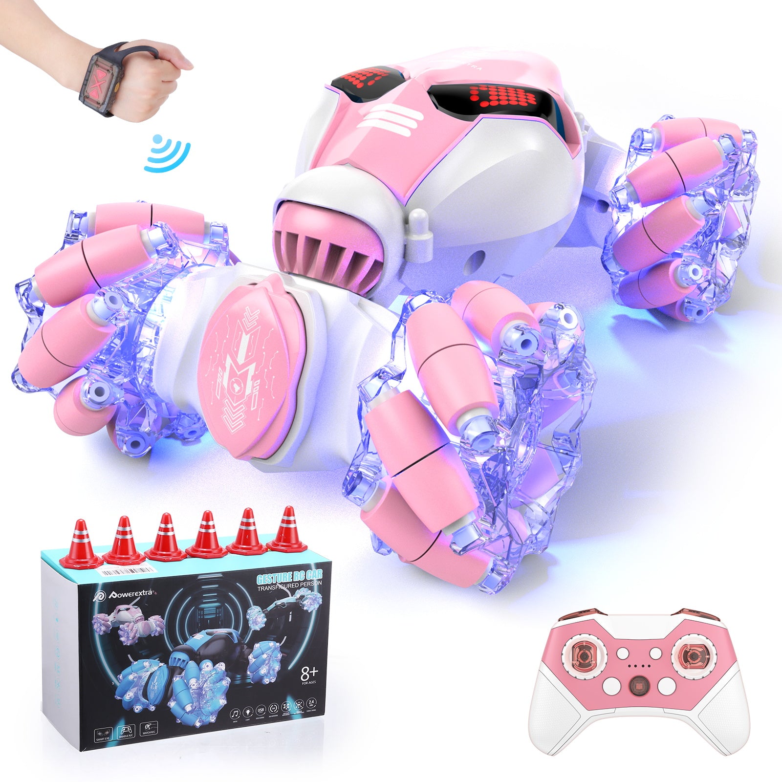 Gesture Control RC Stunt Car for Kids – 4WD Double-Sided Rotating Remote Control Car with Lights & Music (Pink)