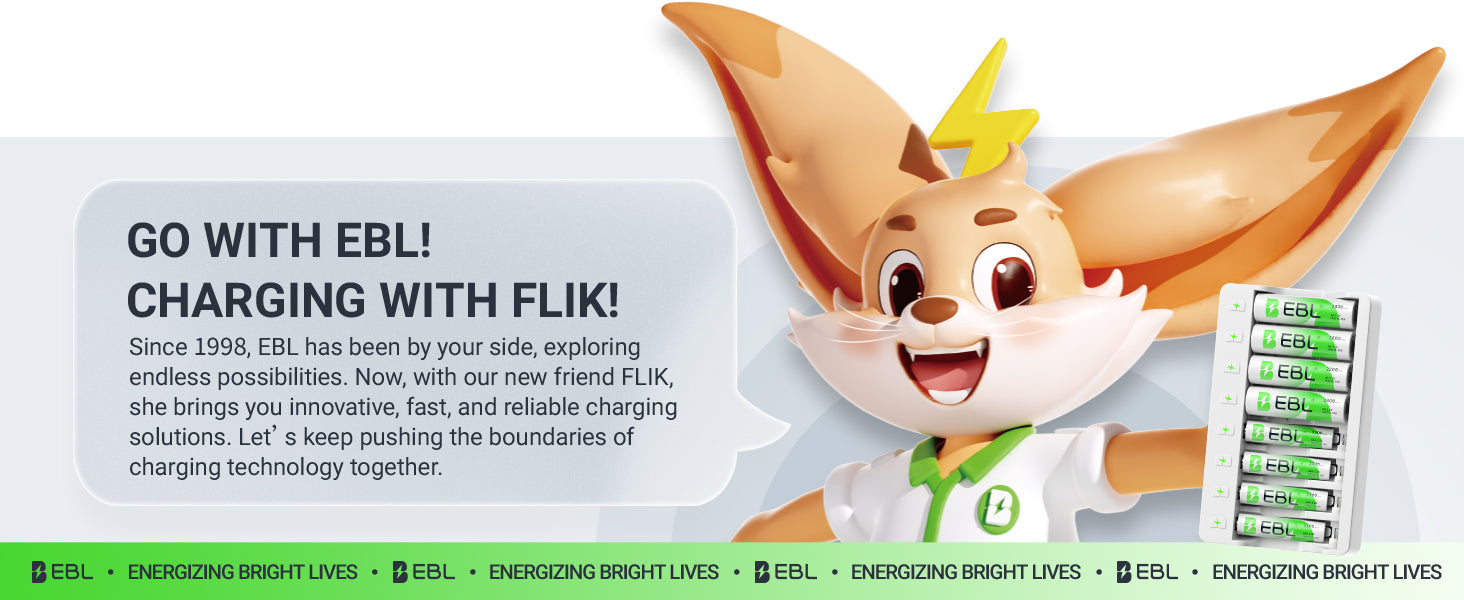 EBL battery with a cartoon fox character named Flik