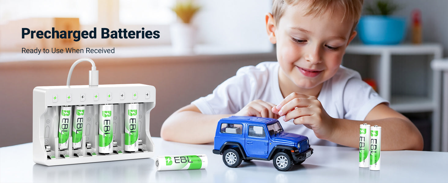 Child playing with a blue toy car next to EBL precharged batteries on a table.
