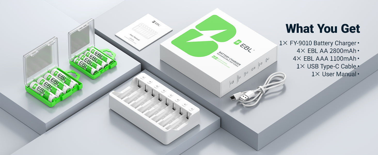 Product packaging with battery charger, AA, AAA batteries, and USB cable