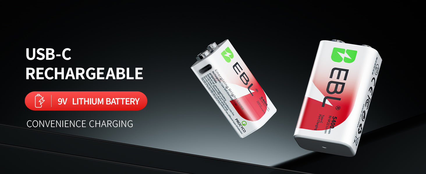 EBL Rechargeable 9V Lithium Batteries 5400mWh