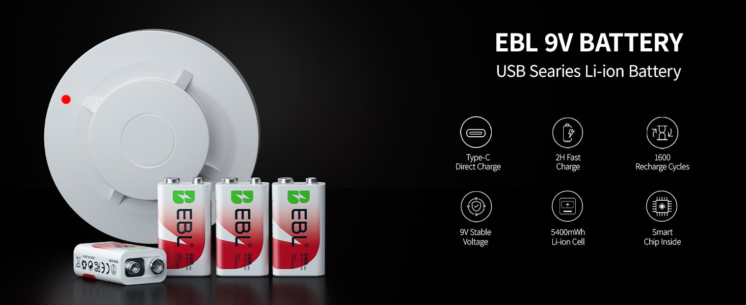 EBL Rechargeable 9V Lithium Batteries 5400mWh