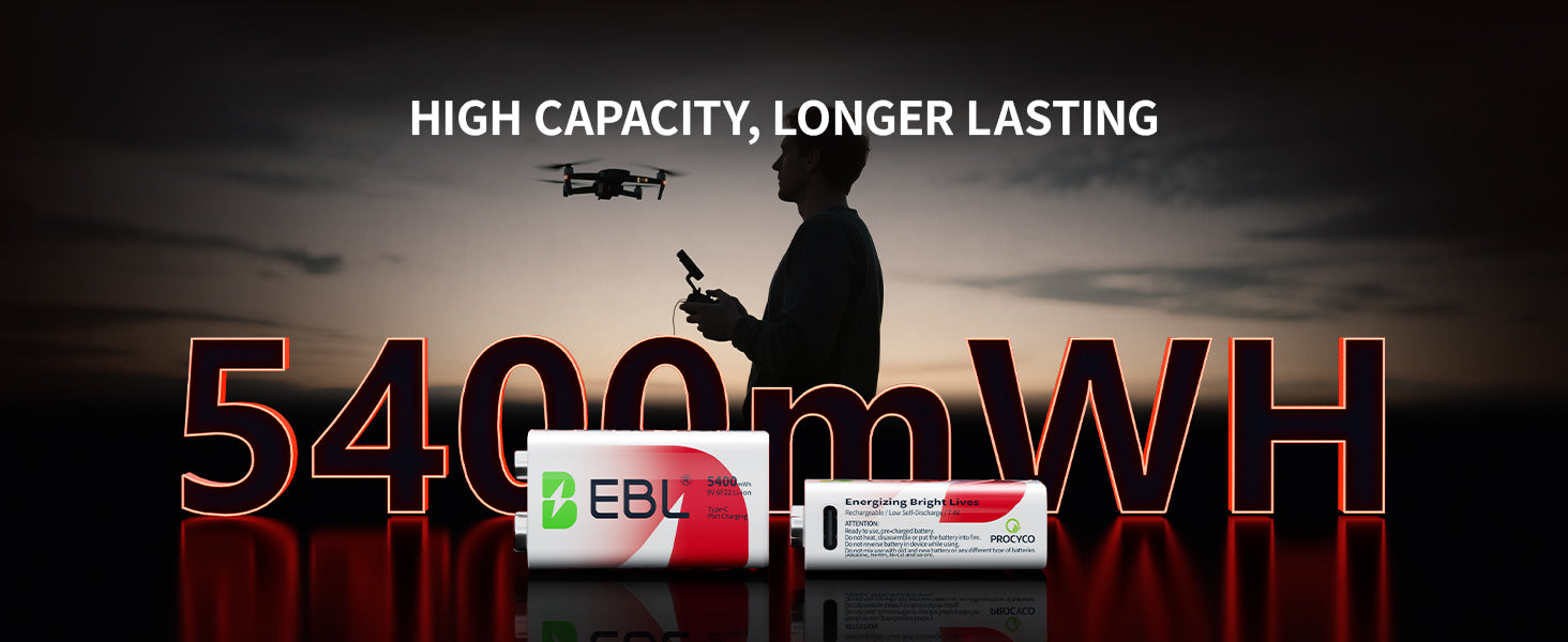EBL Rechargeable 9V Lithium Batteries 5400mWh