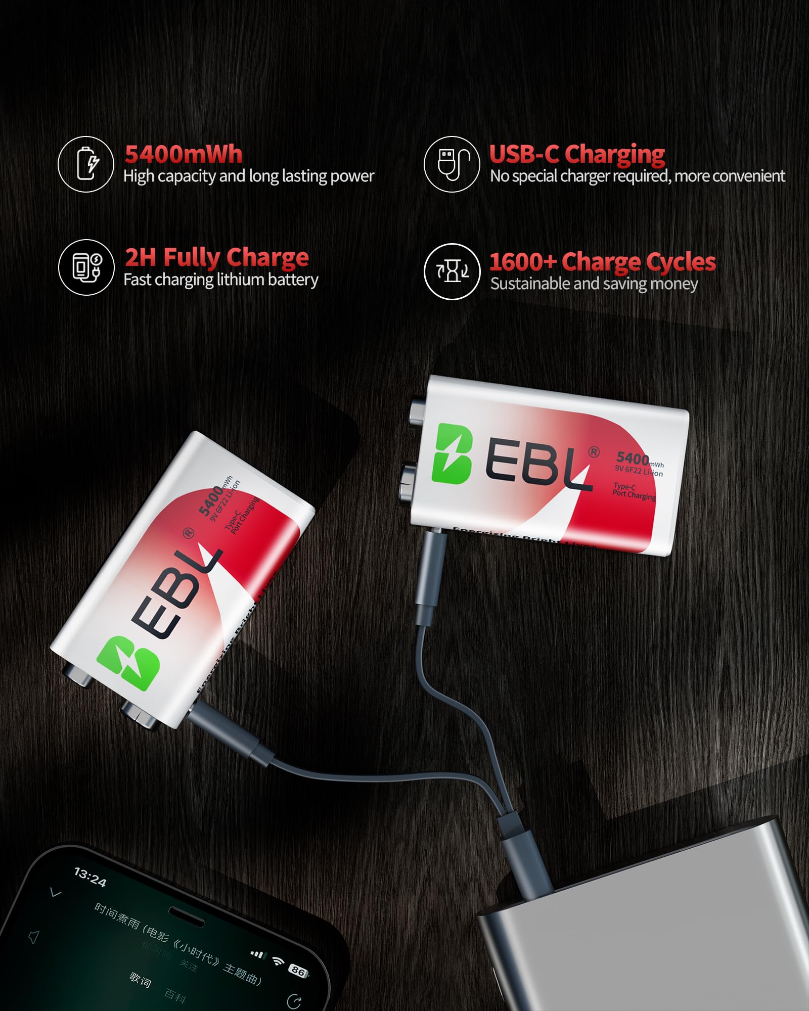 EBL Rechargeable Lithium 9V Batteries, 5400mWh for Smoke Detector