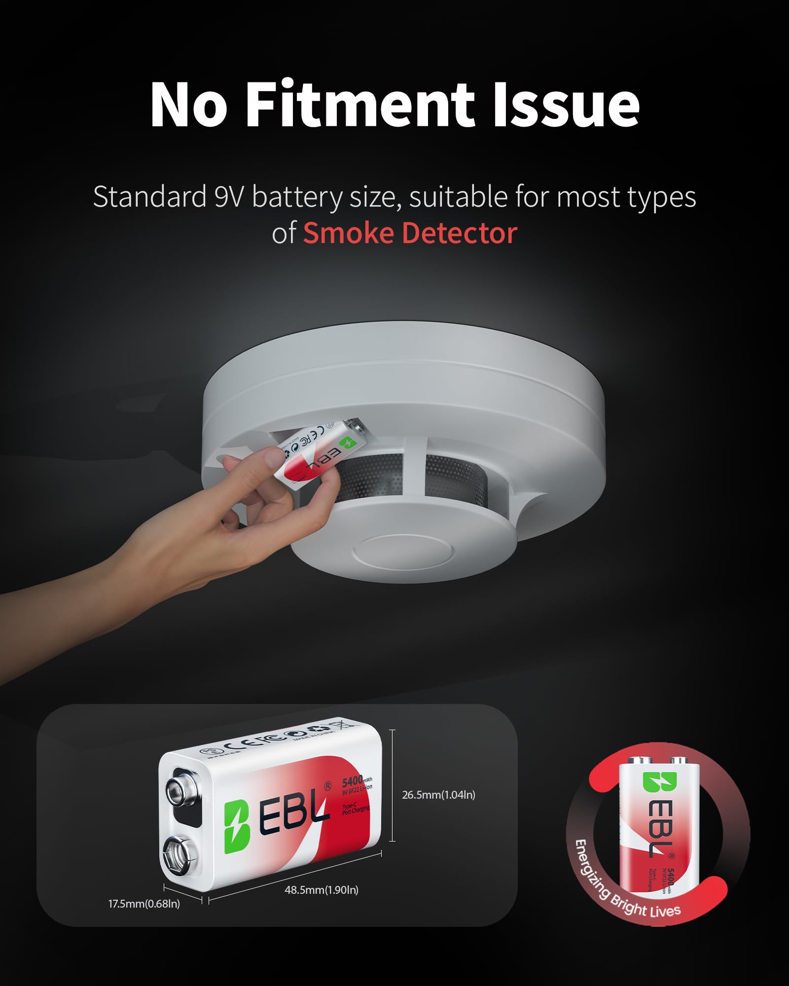 EBL Rechargeable Lithium 9V Batteries, 5400mWh for Smoke Detector