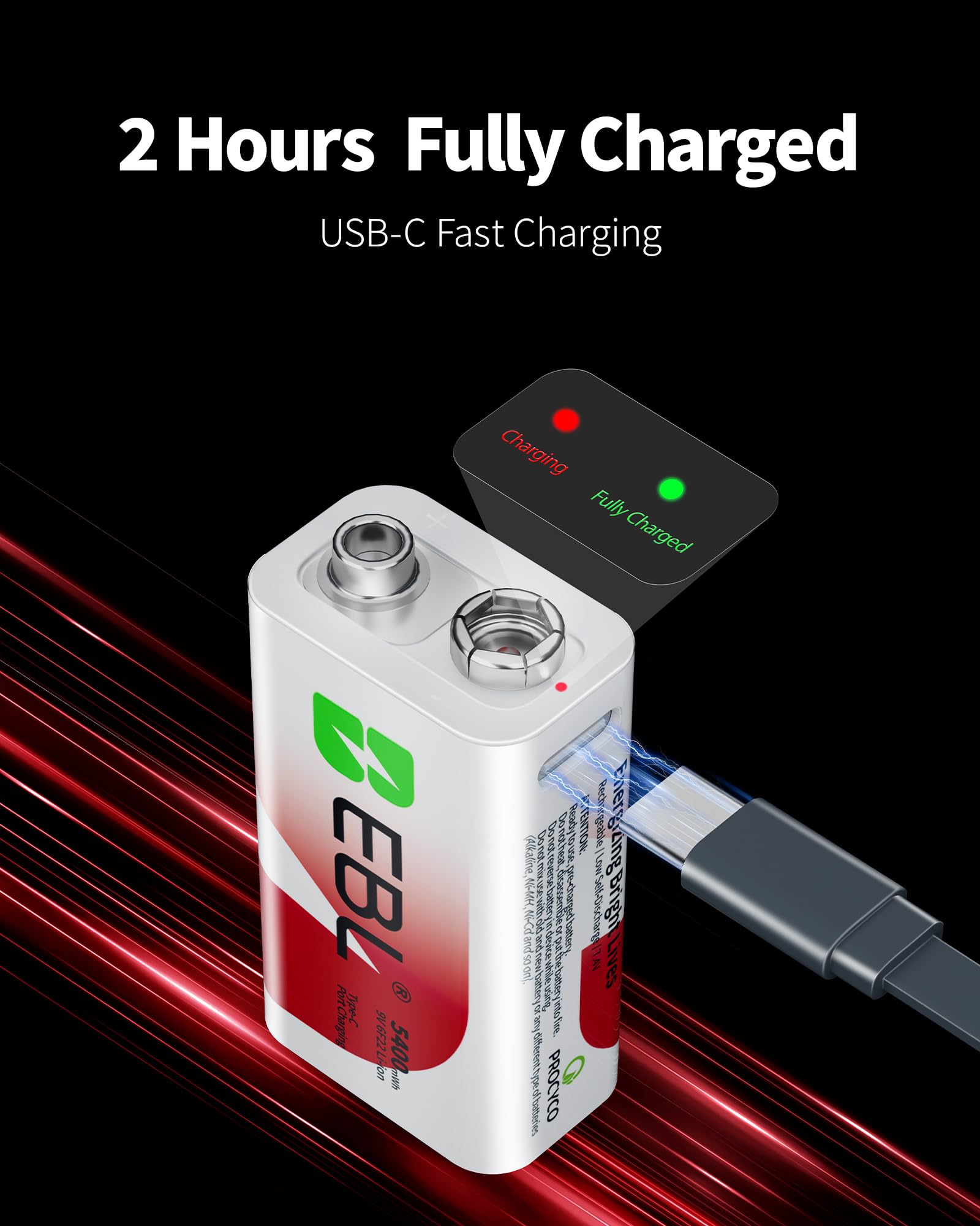EBL Rechargeable Lithium 9V Batteries, 5400mWh for Smoke Detector