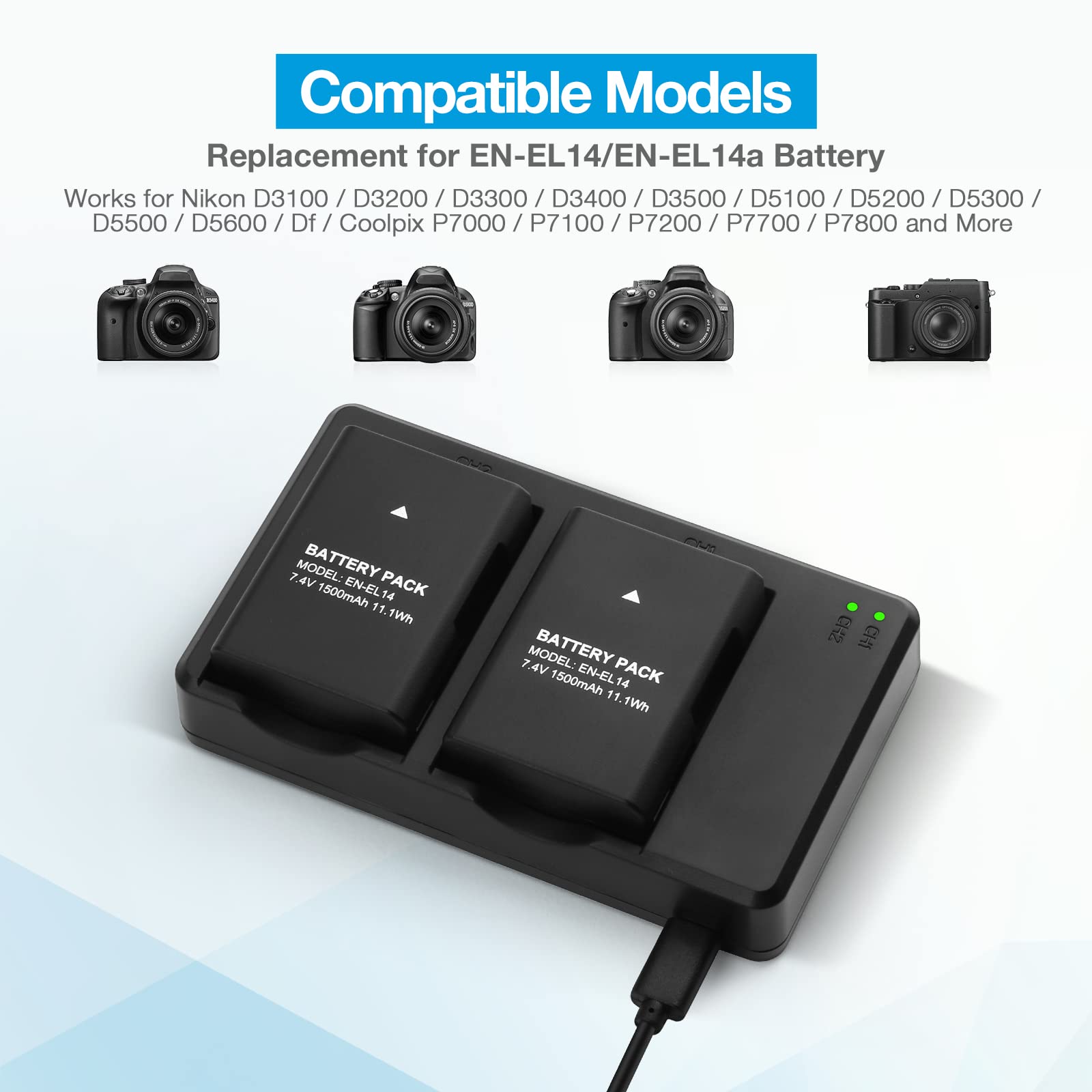 EN-EL14/EN-EL14a Battery 2-Pack & Dual LCD Charger for Nikon