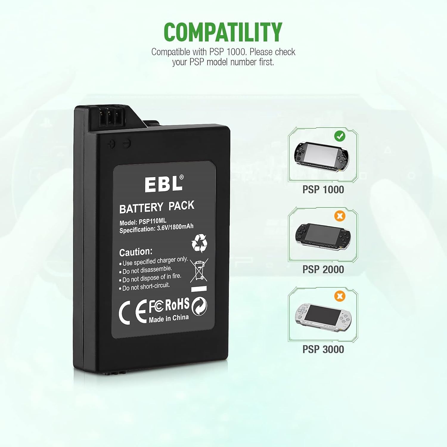 EBL Rechargeable Battery 1800mAh for PSP 1000 1001