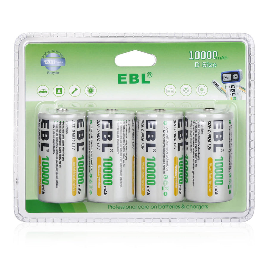 EBL Rechargeable D Batteries 10000mAh New Retail Package