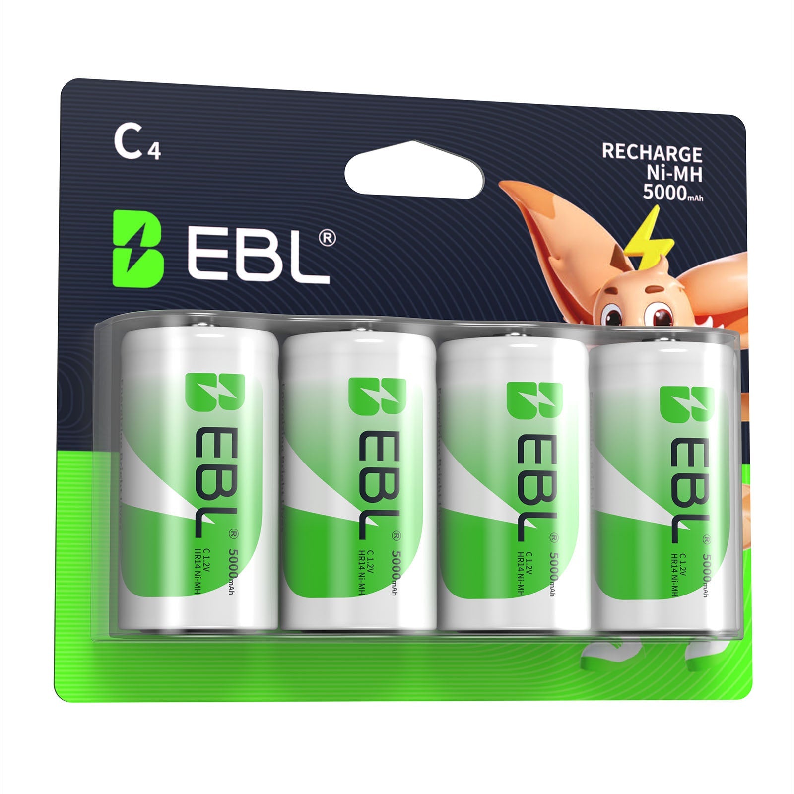 EBL 4 Pack Rechargeable C Batteries 5000mAh New Retail Package