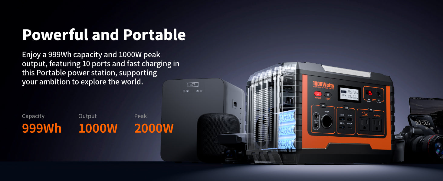 Portable power station with 1000W capacity and output details on a dark background