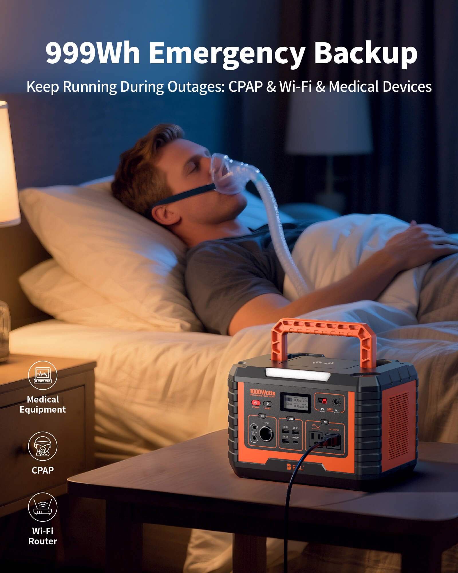 Person using a CPAP machine with an emergency power station on a nightstand.