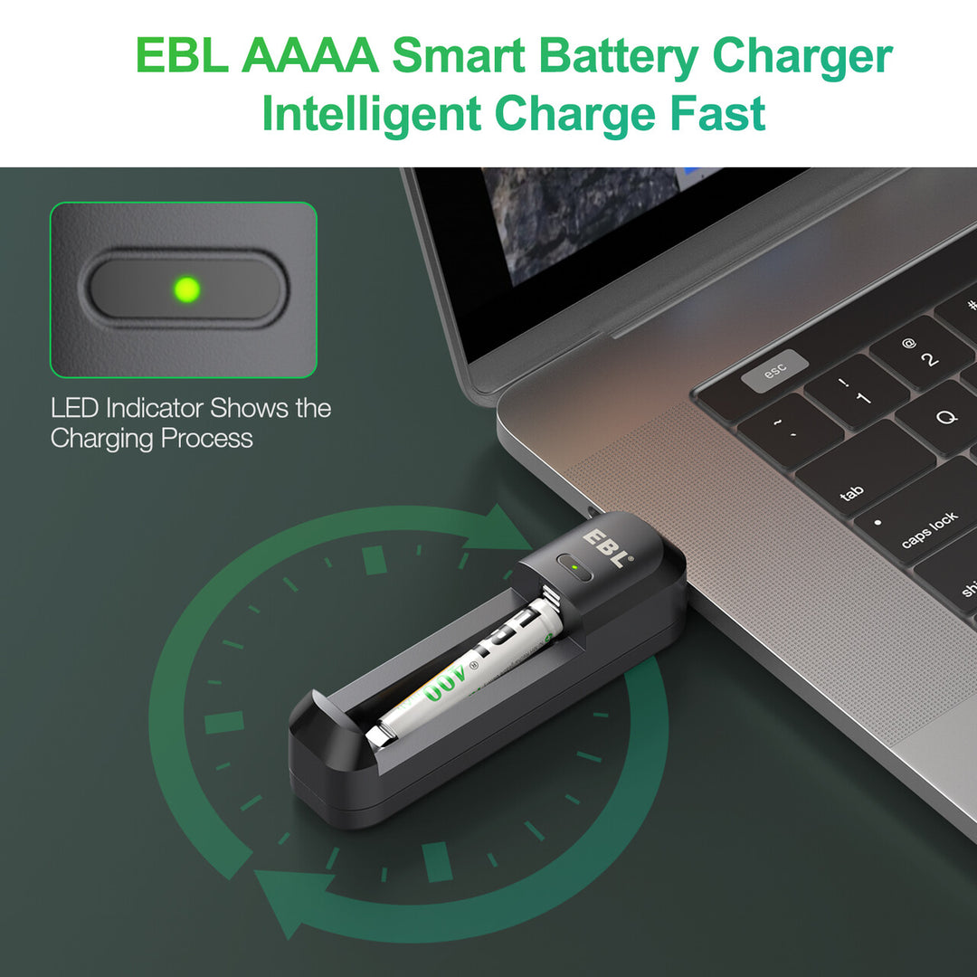 EBL Smart AAAA Battery Charger with 2 Pack 400mAh Rechargeable AAAA Batteries