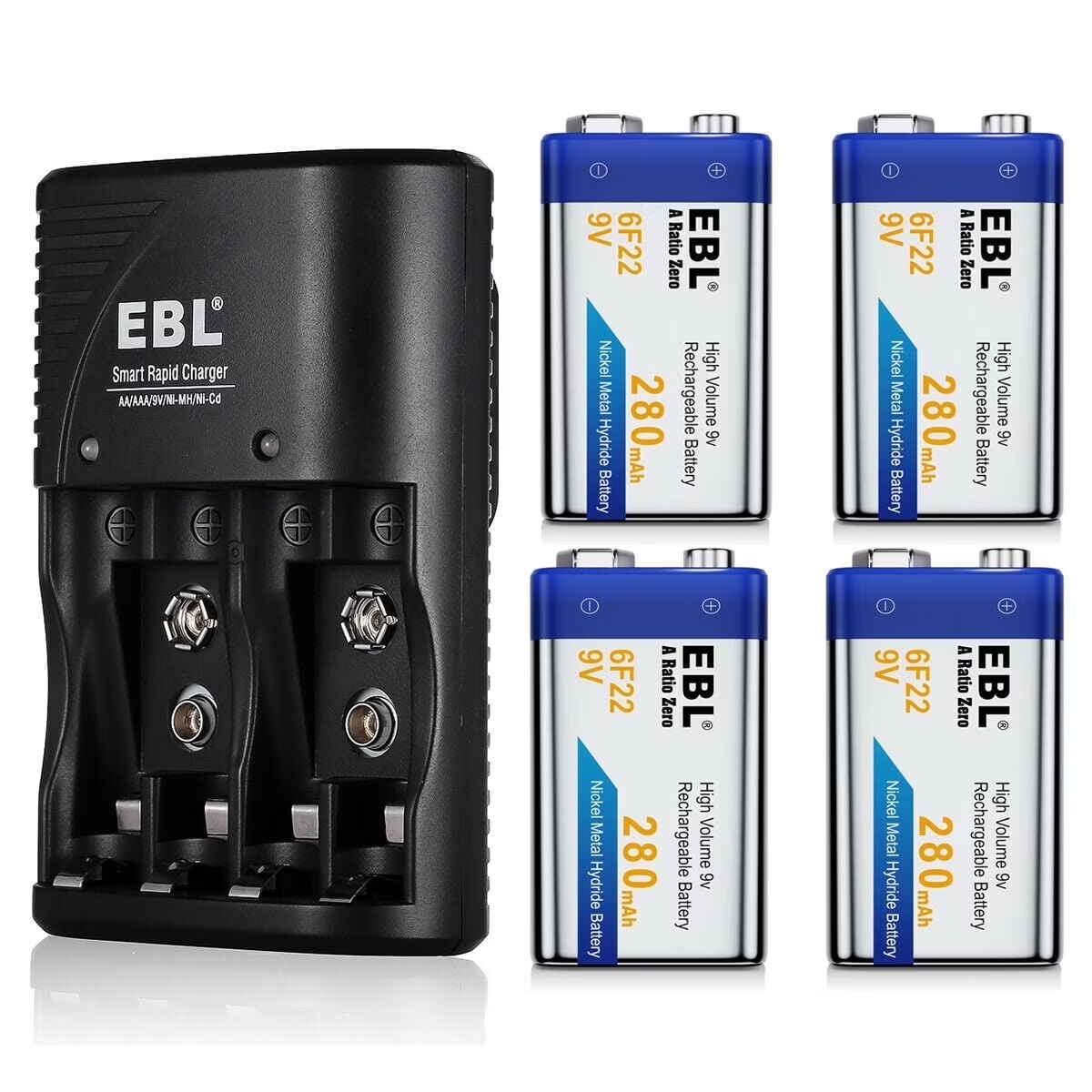 Paquete de 4 baterías recargables NiMH EBL de 9 voltios y 280 mAh con cargador