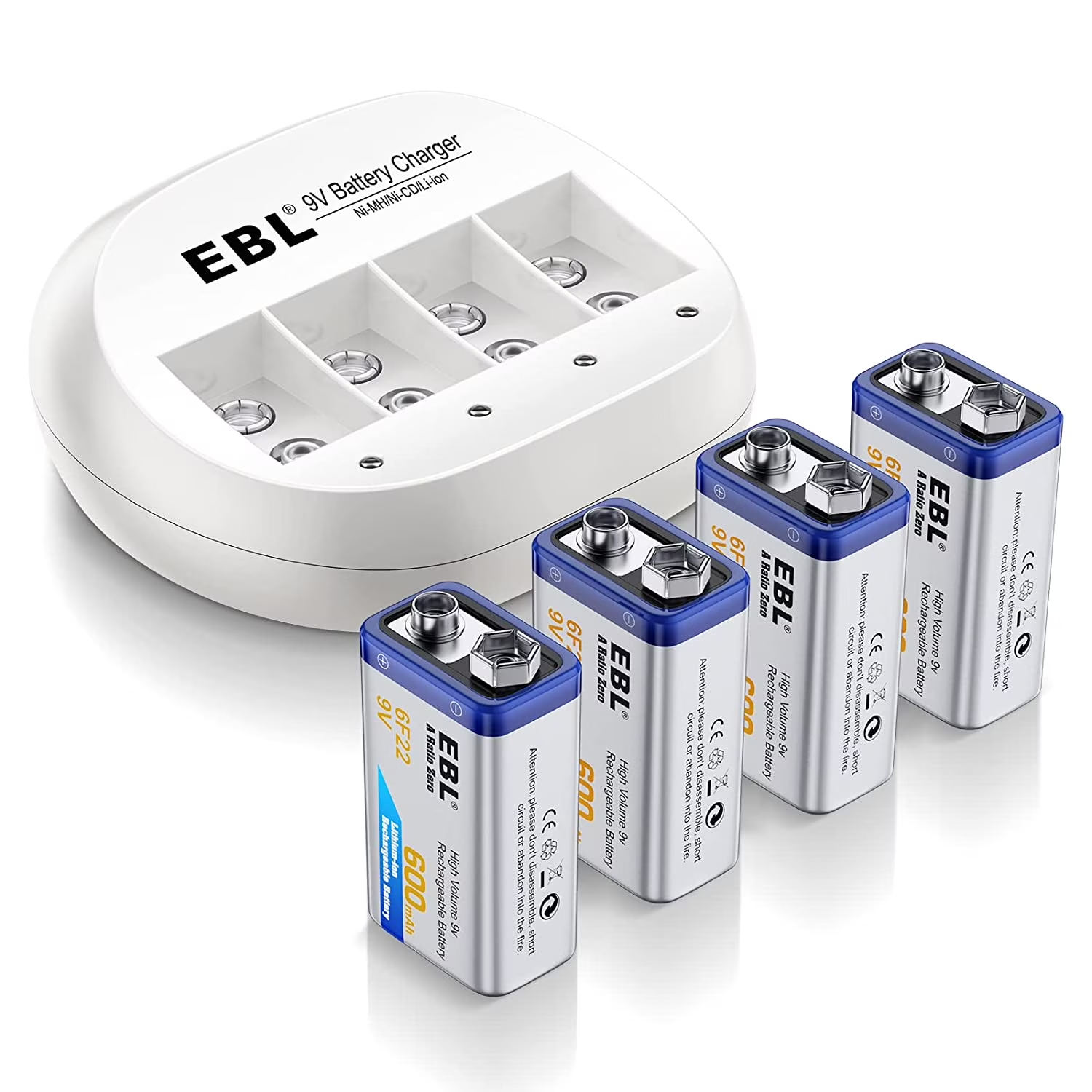 Paquete de 4 baterías recargables EBL NiMH de 9 voltios y 280 mAh con cargador de 9 voltios 6F22 de 2 ranuras y enchufe estadounidense para baterías recargables AA, AAA, NiMH y NiCD de 9 voltios.